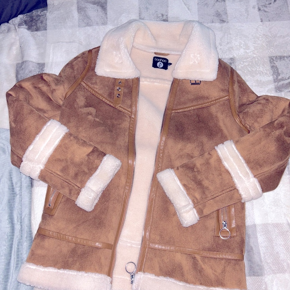 Boohoo aviator faux suede faux fur coat